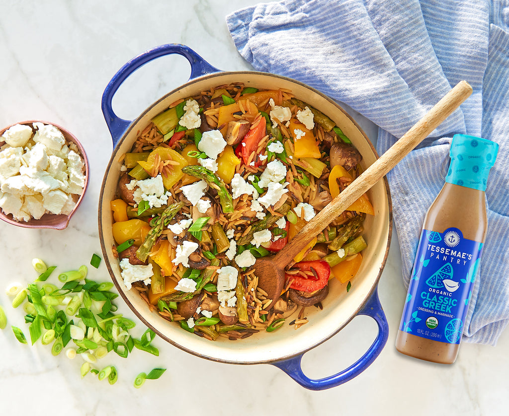 Greek Roasted Veggie Orzo with Goat Cheese