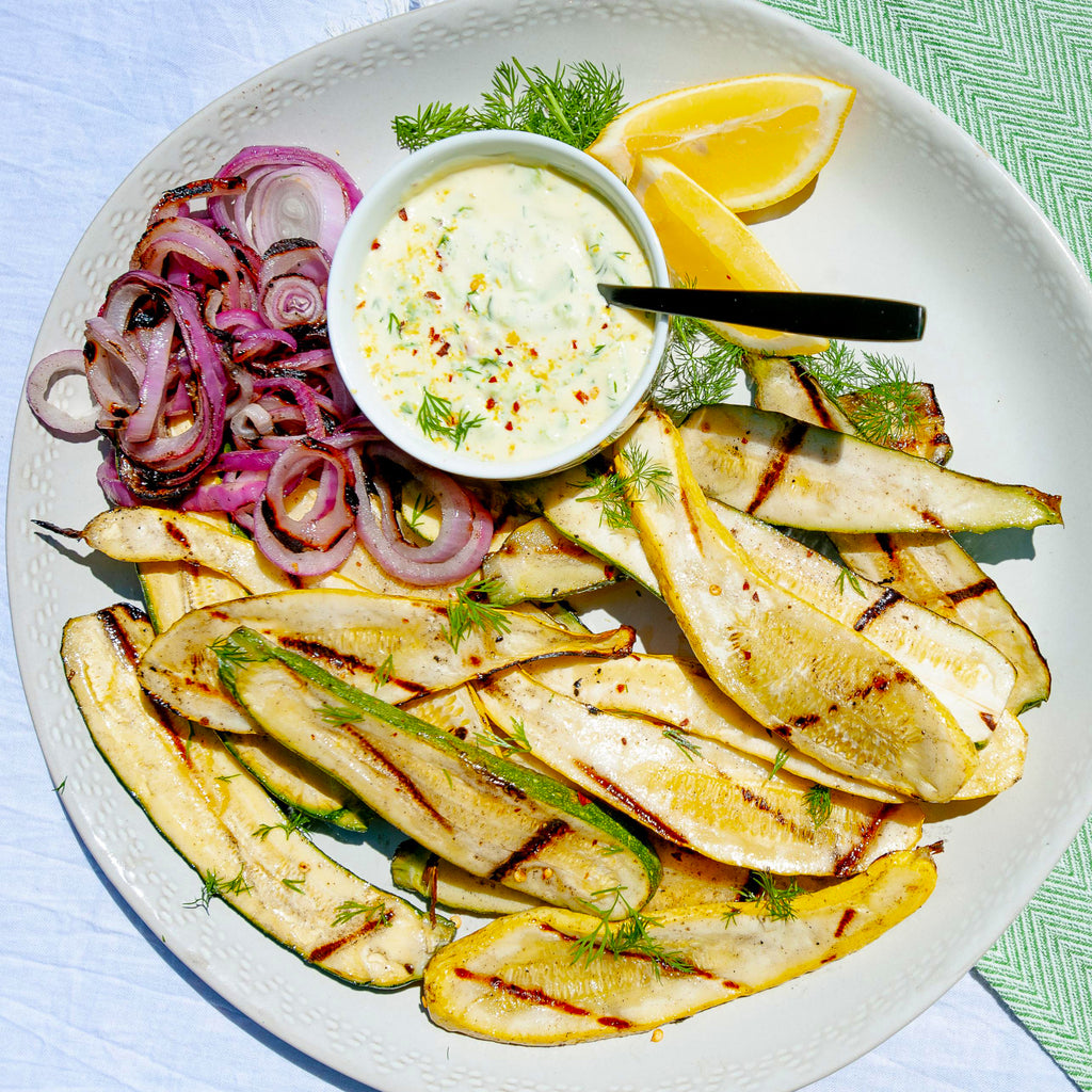 Grilled Zucchini & Onion with Creamy Cucumber Sauce