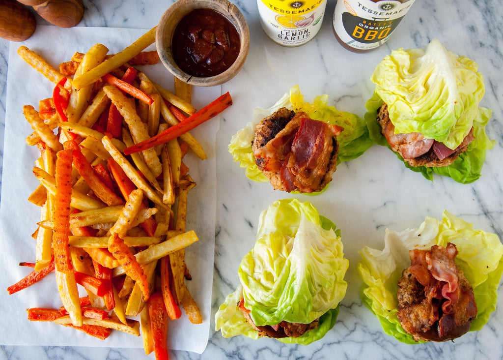 BBQ Bacon Chicken Burgers with Veggie Fries