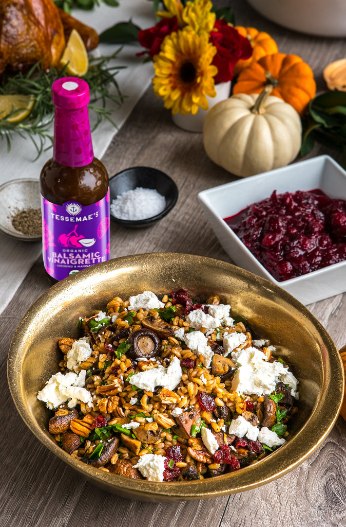 Balsamic Farro With Mushrooms, Cranberries & Goat Cheese