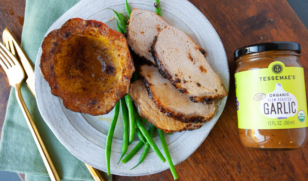 Garlic Roast Pork with Pumpkin Spiced Acorn Squash