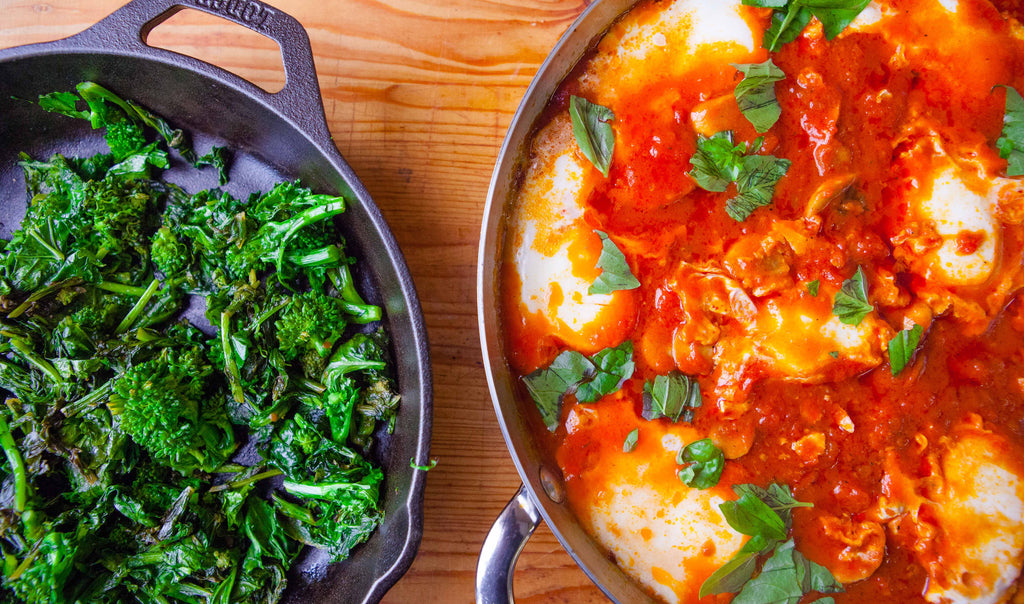 Eggs in Purgatory with Mushrooms & Broccoli Rabe