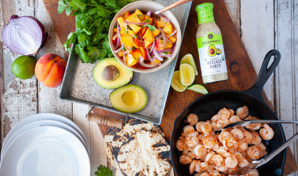 Seared Shrimp Tacos with Peach Salsa & Avocado Ranch