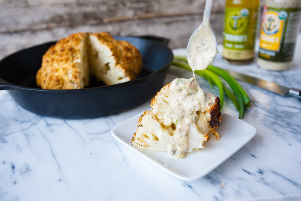 Whole Roasted Cauliflower with Scallion Ranch Sauce