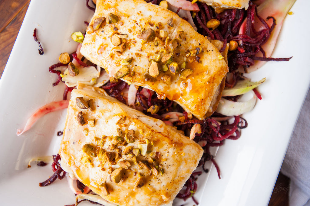 Halibut with Roasted Beet Noodles & Fennel