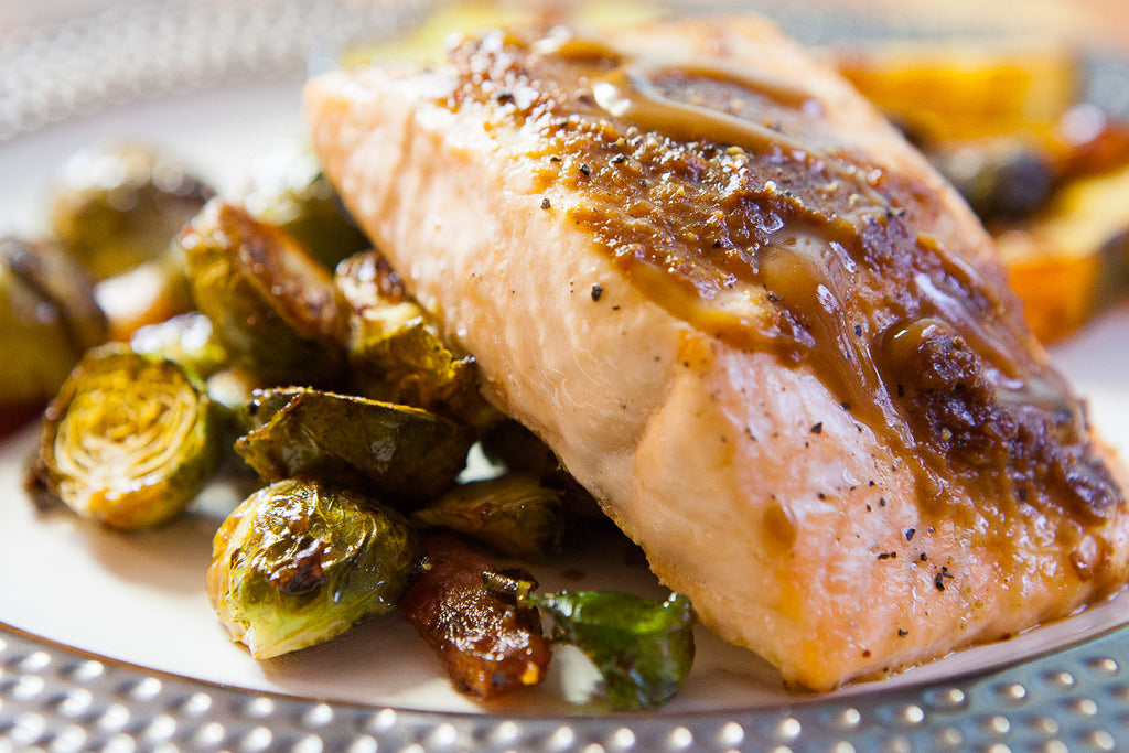 One Pan Honey Balsamic Salmon with Bacon Brussels Sprouts