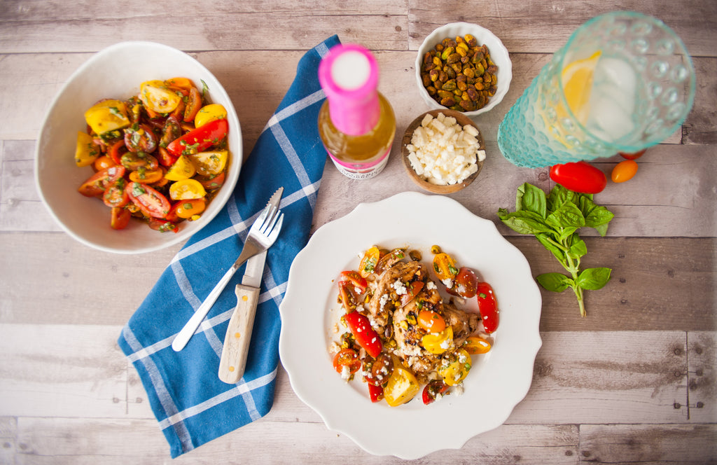 Grilled Chicken Thighs with Tomato, Pistachio & Feta Salad