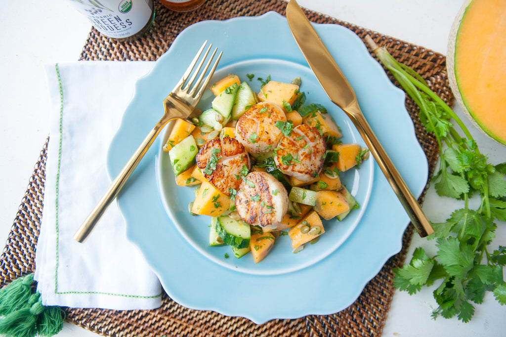 Scallops with Cantaloupe & Cucumber Salad