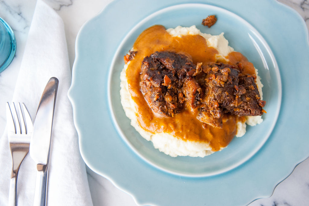 Balsamic Braised Short Ribs over Mashed Cauliflower