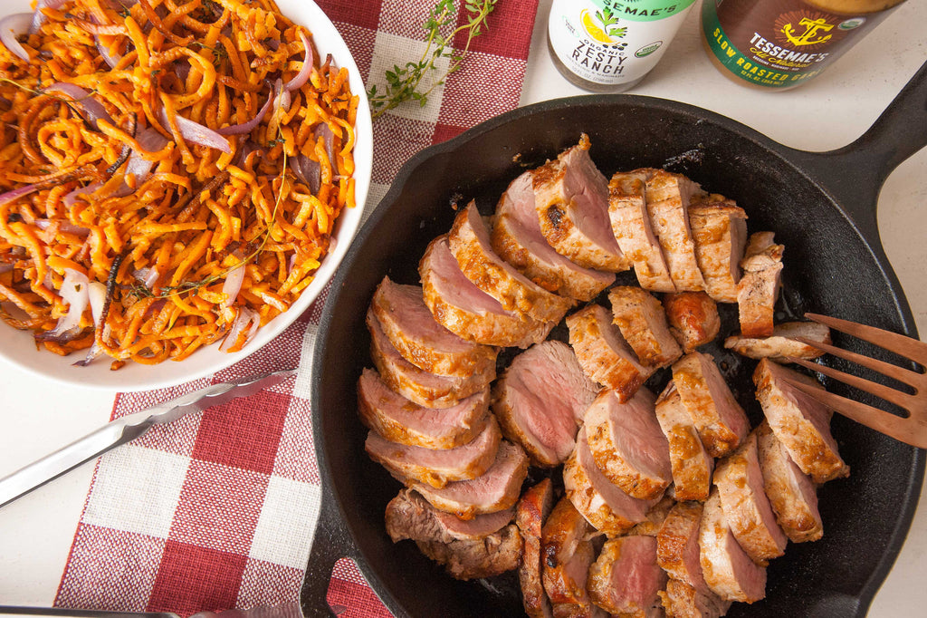Roast Pork Tenderloin with Thyme-Infused Sweet Potato Noodles