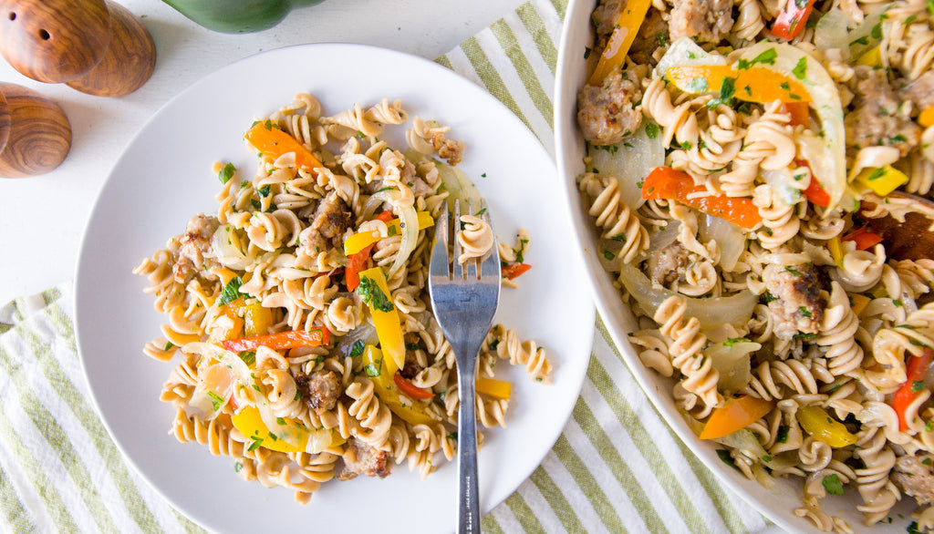 Italian Sausage & Peppers over Quinoa Pasta