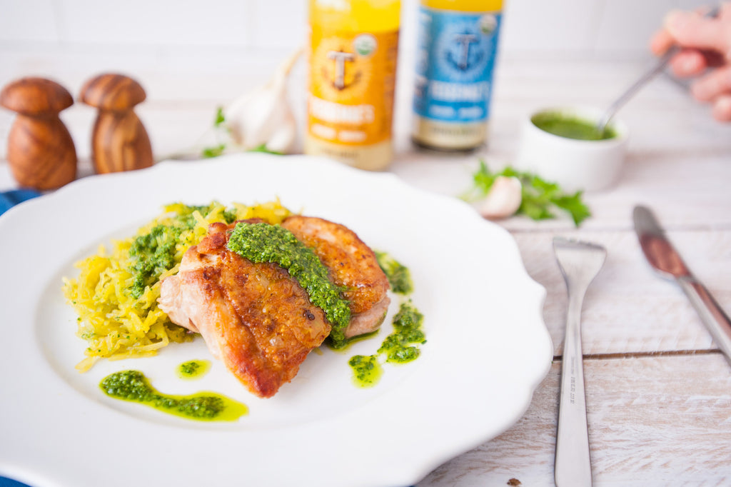 Mahogany Chicken Thighs, Spaghetti Squash & Spinach Pesto