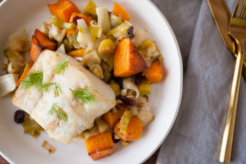 Roasted Cod with Winter Squash & Cranberries