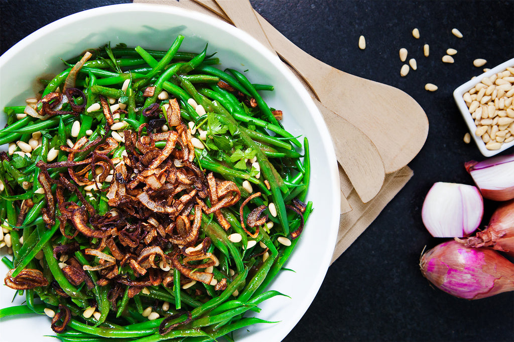 Honey Balsamic Green Beans with Crispy Fried Shallots