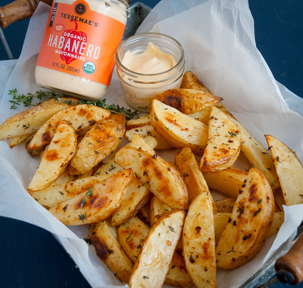 Garlicky Golden Potato Wedges with Habanero Mayo