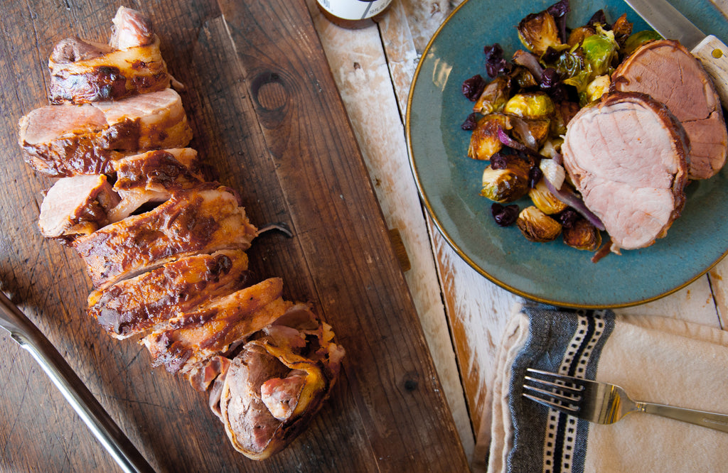 Bacon Wrapped Pork Tenderloin with Brussels Sprouts