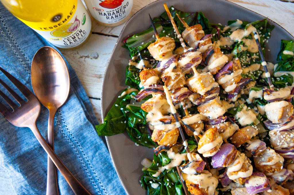 Spicy Tuna Kabobs with Swiss Chard & Zesty Tahini Sauce