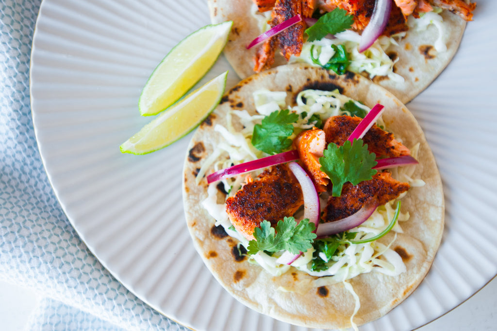 Seared Salmon Tacos with Pickled Red Onion