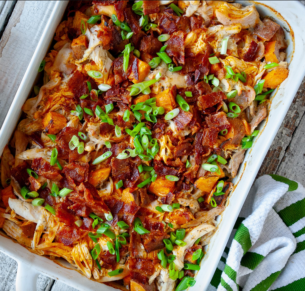 Buffalo Ranch Chicken Casserole with Bacon Crumble