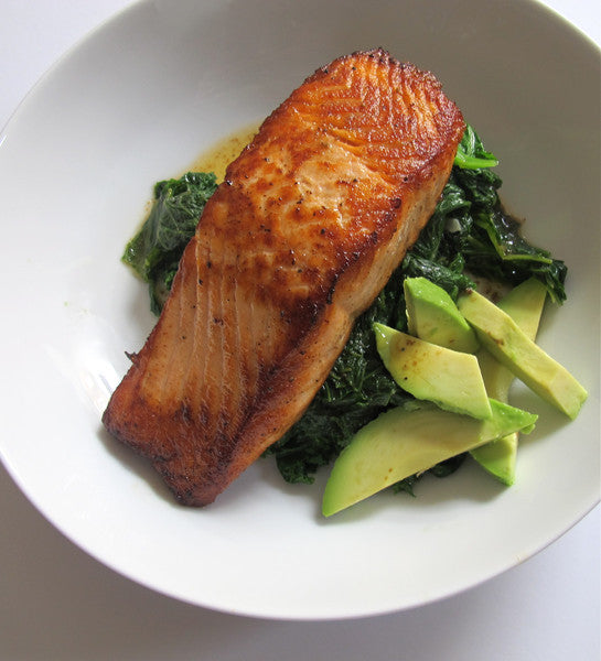 Seared Salmon with Mustard Greens & Avocado