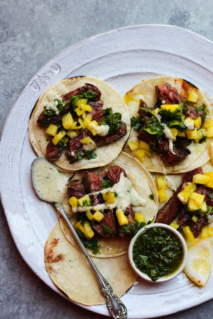Steak Tacos with Pickled Pineapple, Ranch & Chimichurri