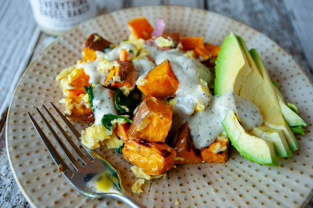 Sweet Potato Scramble with Everything Bagel Ranch