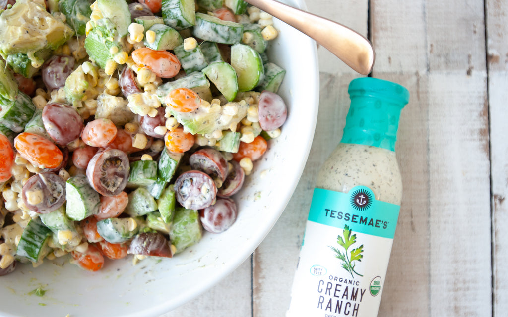 Creamy Tomato, Cucumber, Corn & Avocado Salad