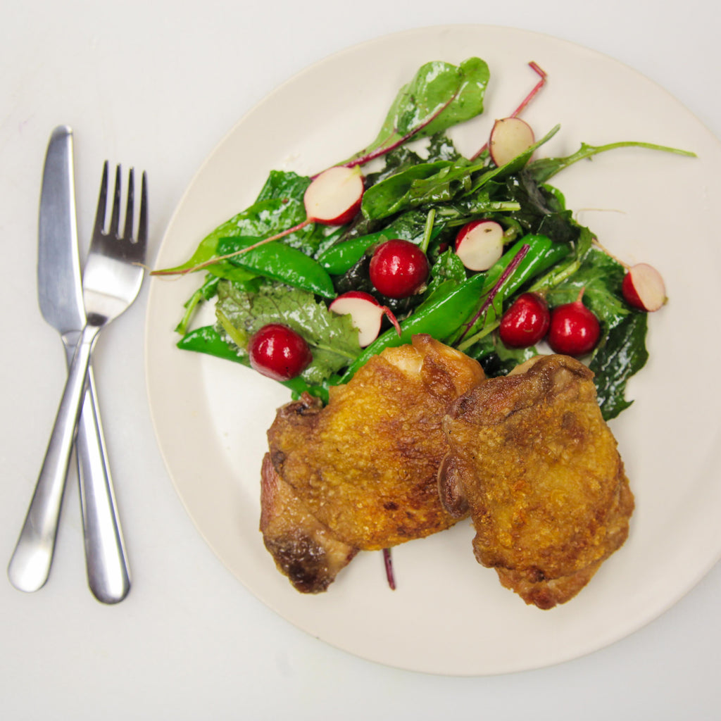 Crispy Chicken Thighs with Radish & Snap Peas