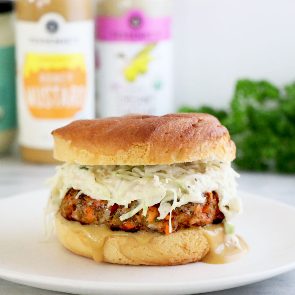 Caesar Slaw Salmon Burger