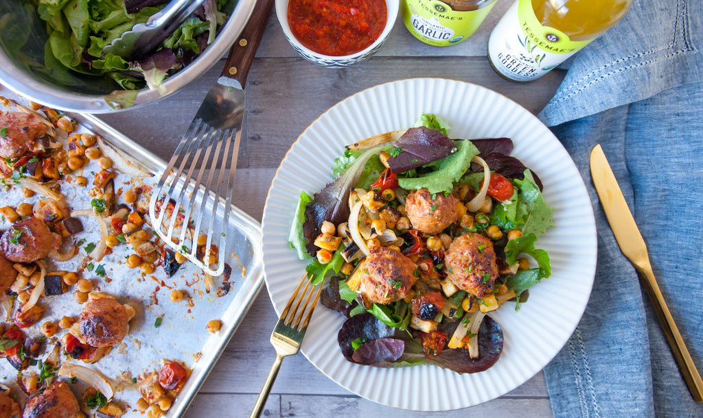 Sheet Pan Harissa Meatballs with Crispy Chickpeas