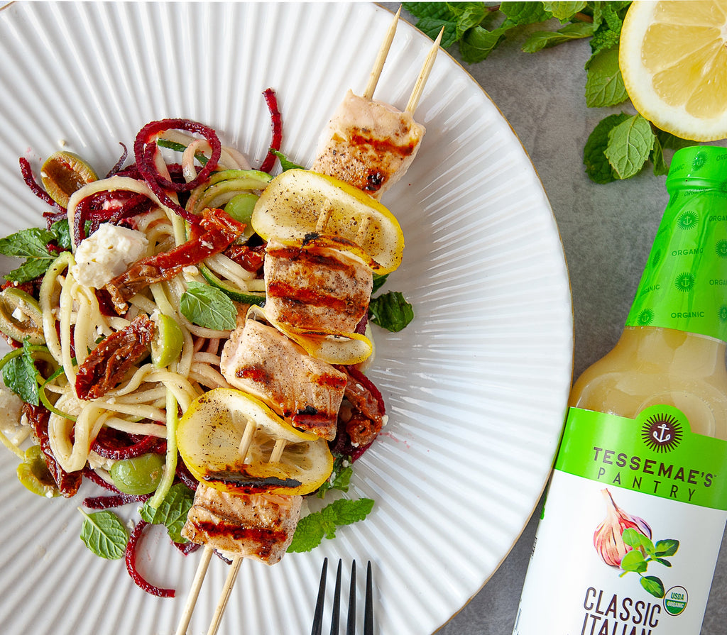 Marinated Zoodle Salad with Grilled Salmon Skewers