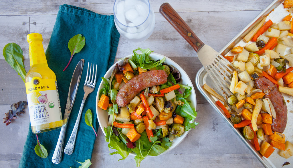 1 Dish, 2 Dinners: Roasted Veggies & Sausages