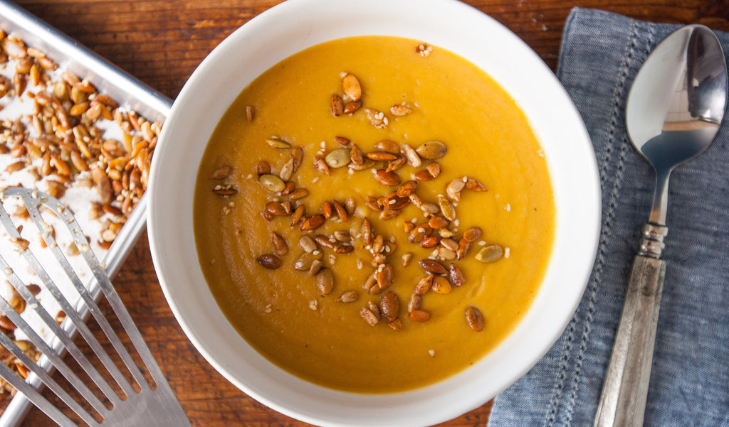 Creamy Root Vegetable Soup with Crispy Seed Sprinkle