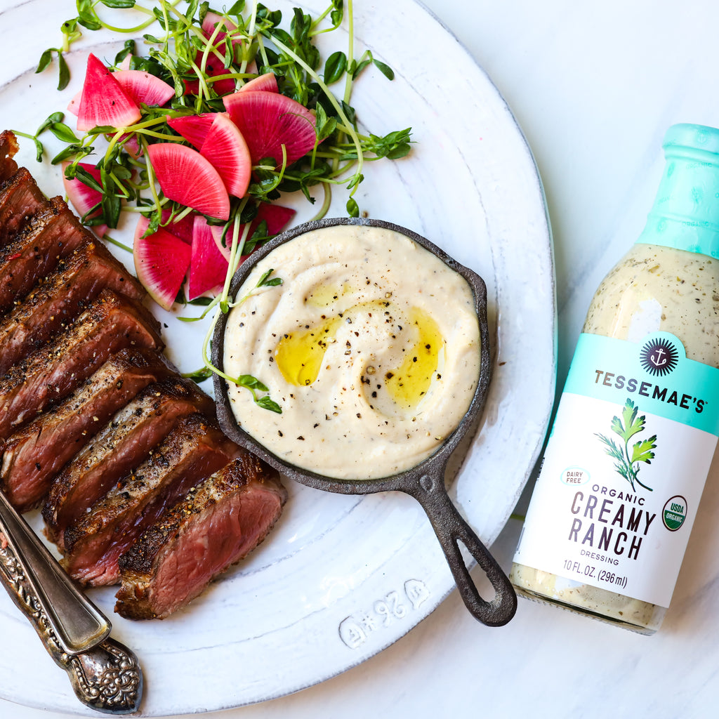 New York Steak with Garlicky Cauliflower Mash