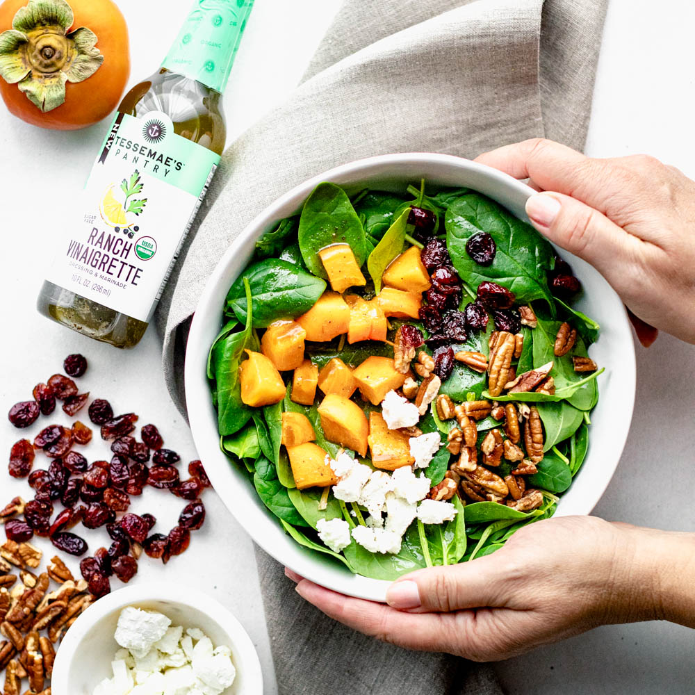 Spinach Salad with Goat Cheese, Cranberries and Persimmon