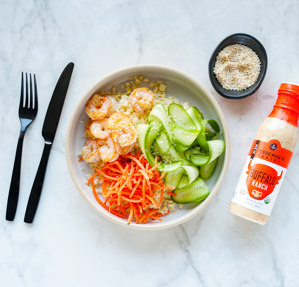 No Recipe Buffalo Ranch Shrimp Bowl
