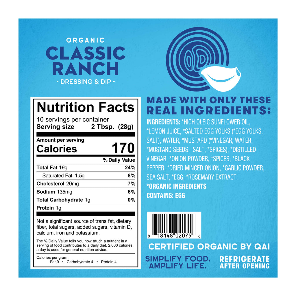 Organic Classic Ranch- Nutrition Facts Panel
