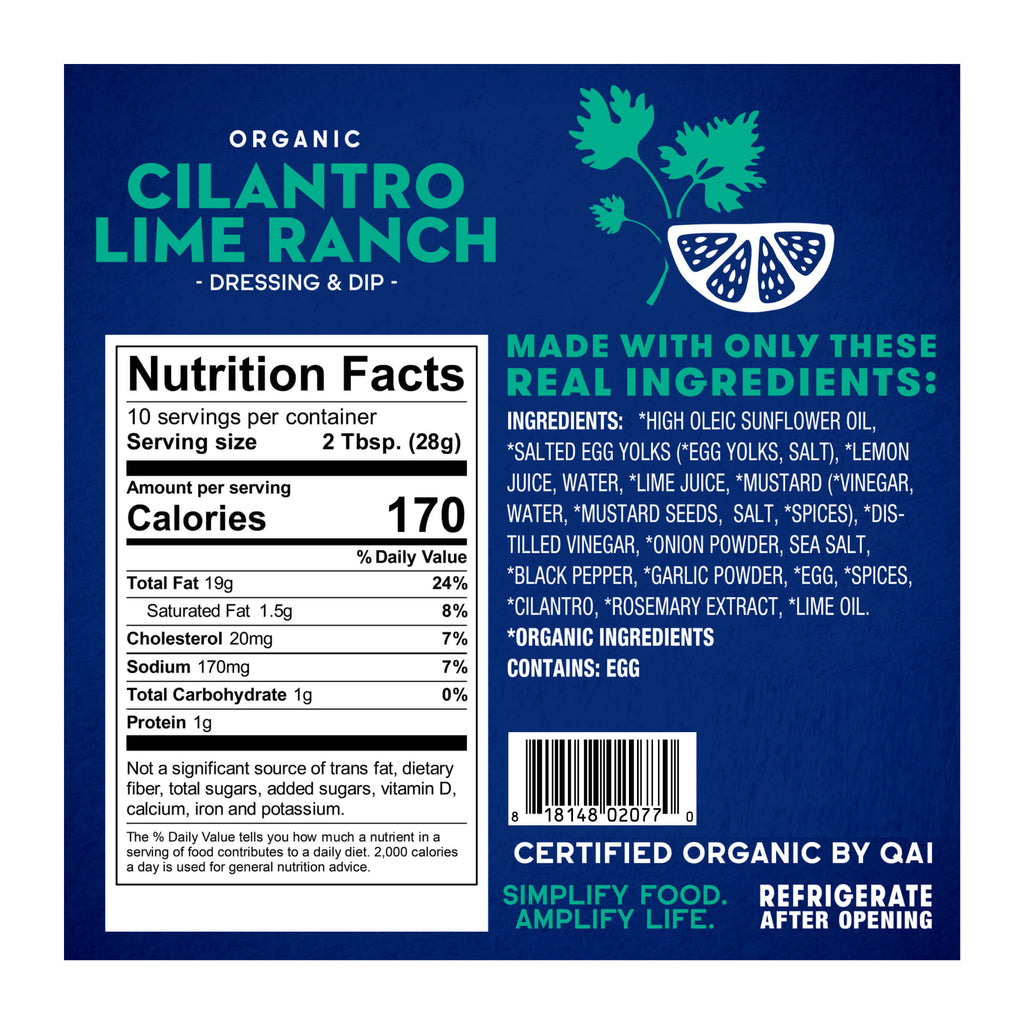 Organic Cilantro Lime Ranch- Nutrition Facts Panel
