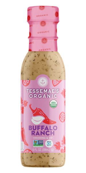 Bottle of Tessemae's Organic Buffalo Ranch dressing with pink cap 